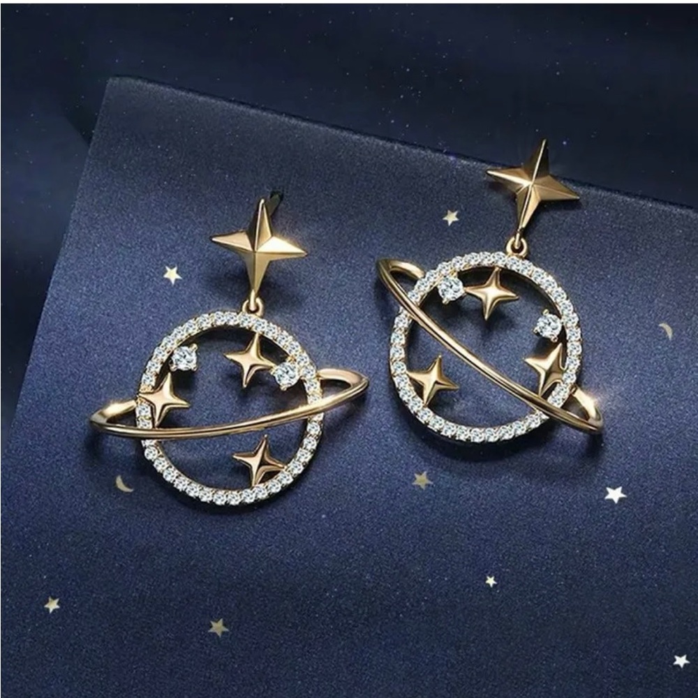 Fashion Earrings Stud Dangle Hollow Star Moon Planet Rhinestone Women Gift